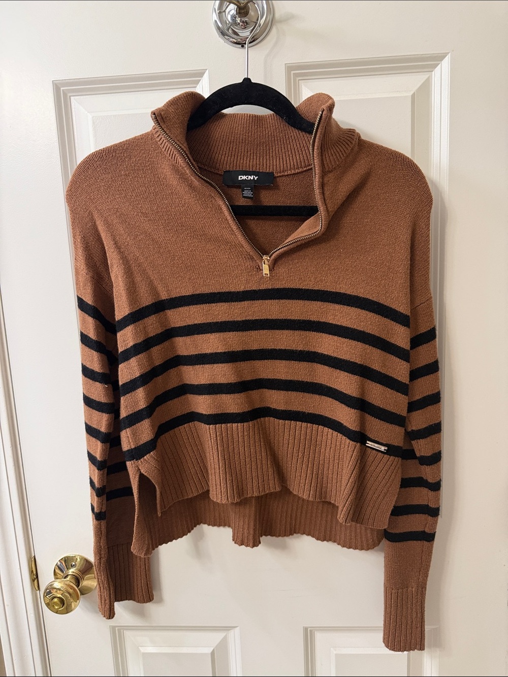 DKNY Women's Brown Black Striped Half-Zip Sweater Long Sleeve Size XS